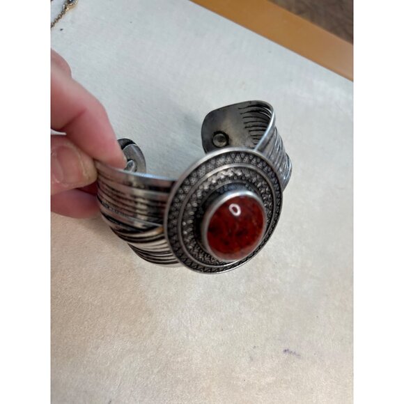 Vintage Silver-Tone Wide Cuff Bracelet With Oval Red Stone Accent & Etched Desig - Picture 8 of 16